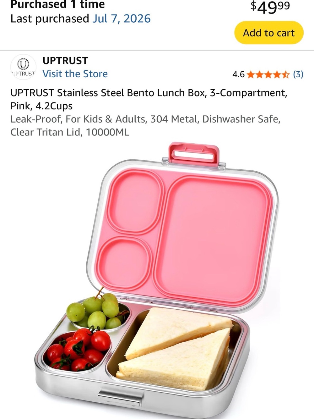 UPTRUST Stainless Steel Bento Lunch Box - Pink Insert